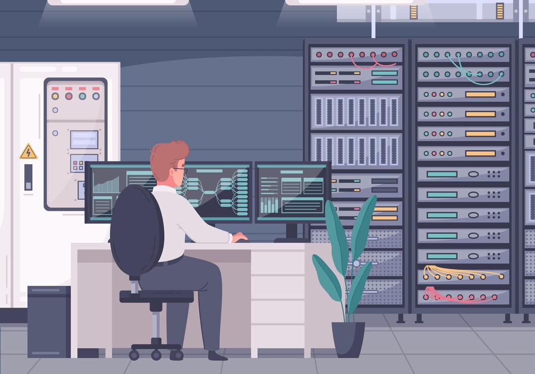 datacenter-cartoon-composition-with-indoor-view-data-analysts-working-place-with-desktop-computer-servers-illustration_1284-65661